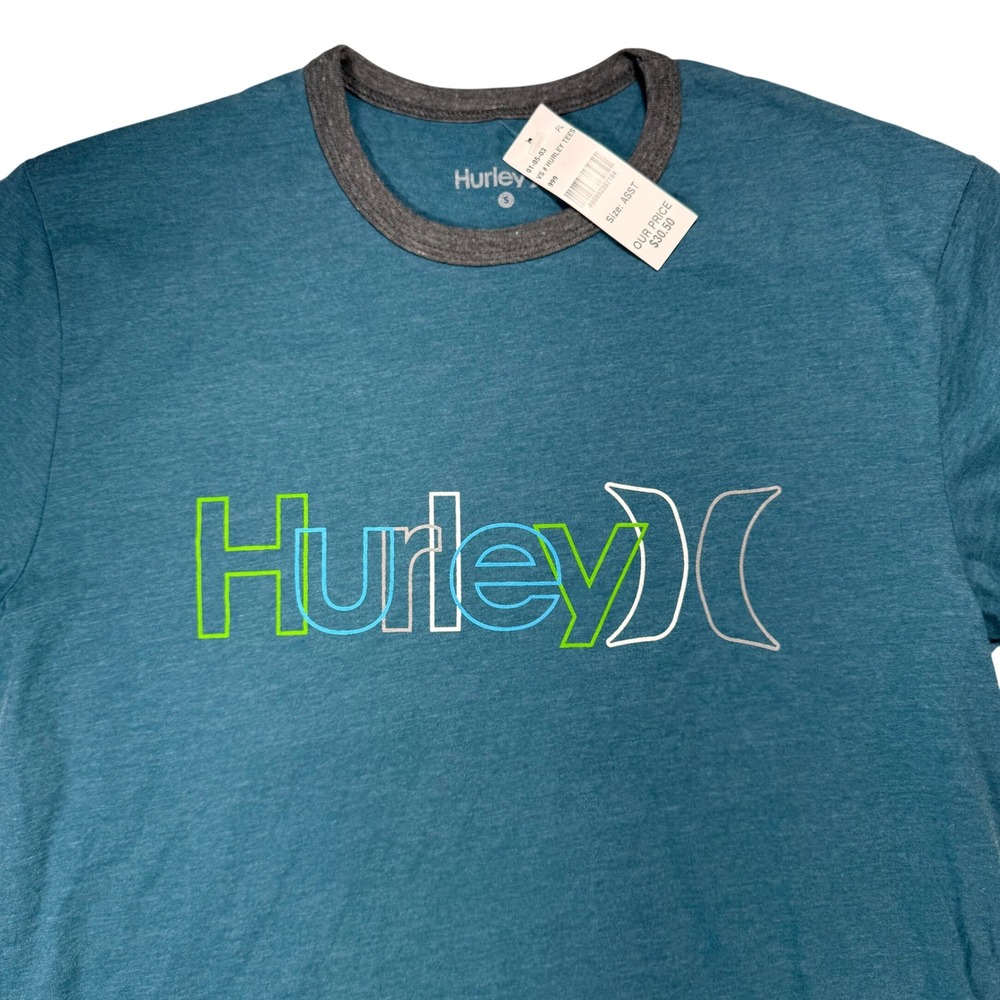 Hurley Mens Ringer T-Shirt Teal Blue Heather Logo Graphic Short Sleeve Small NEW